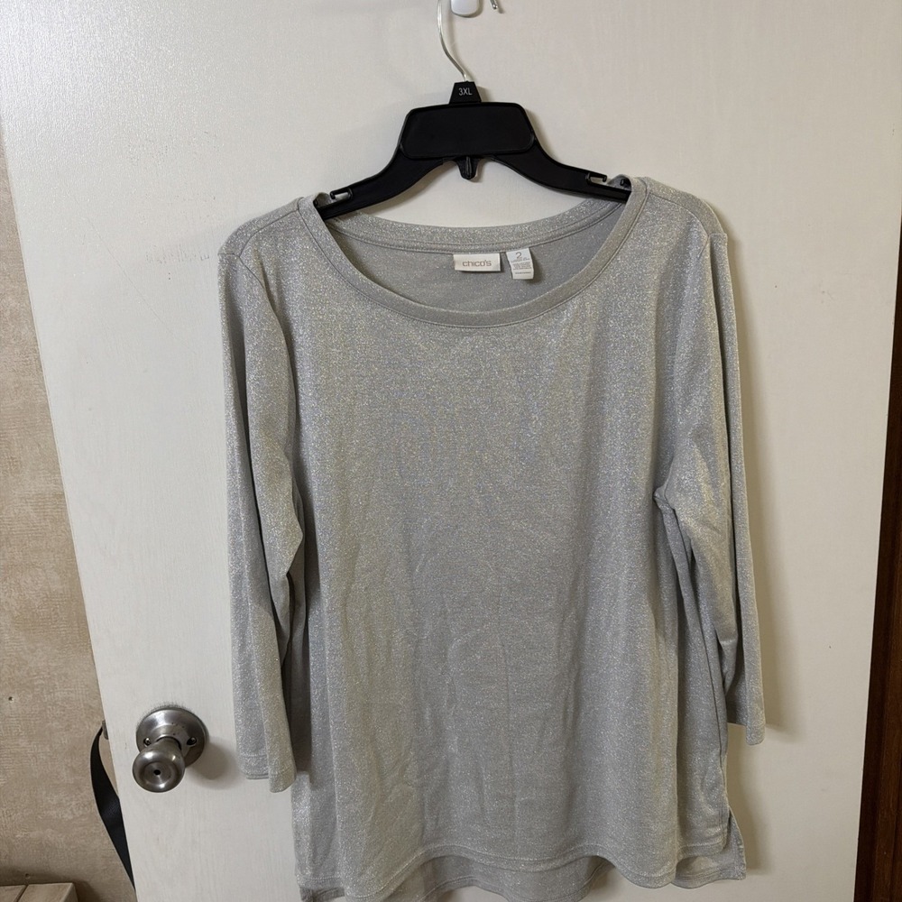 Chico's Silver 3/4 Sleeve Metallic Knit Top Size 2